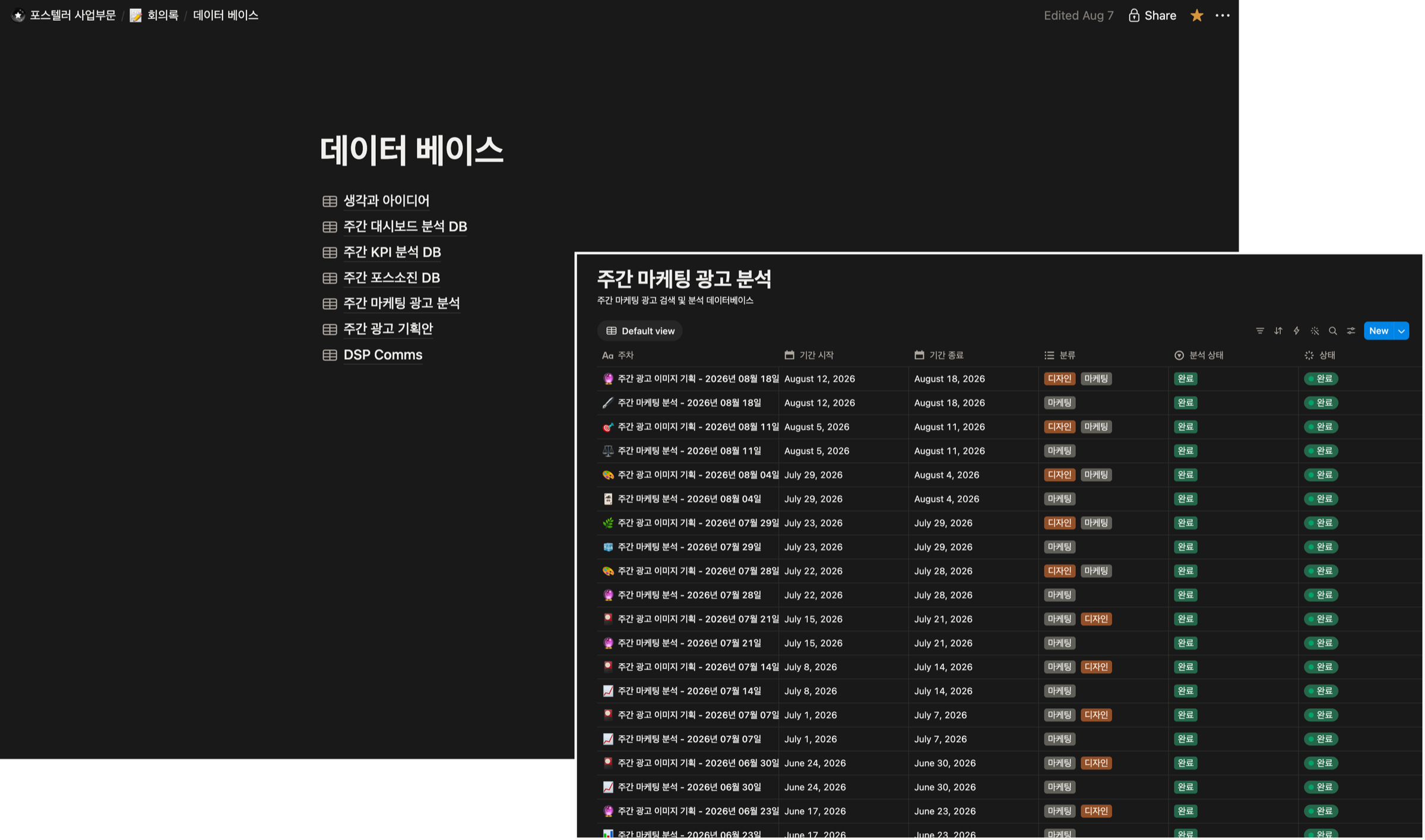 Notion 주간 마케팅 광고 분석 데이터베이스